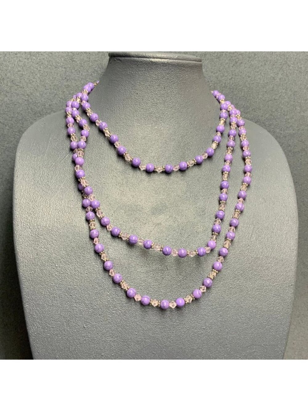 Long Beaded Necklace 64 In As Is Round Purple Veined Silver Faceted Crystal Glam